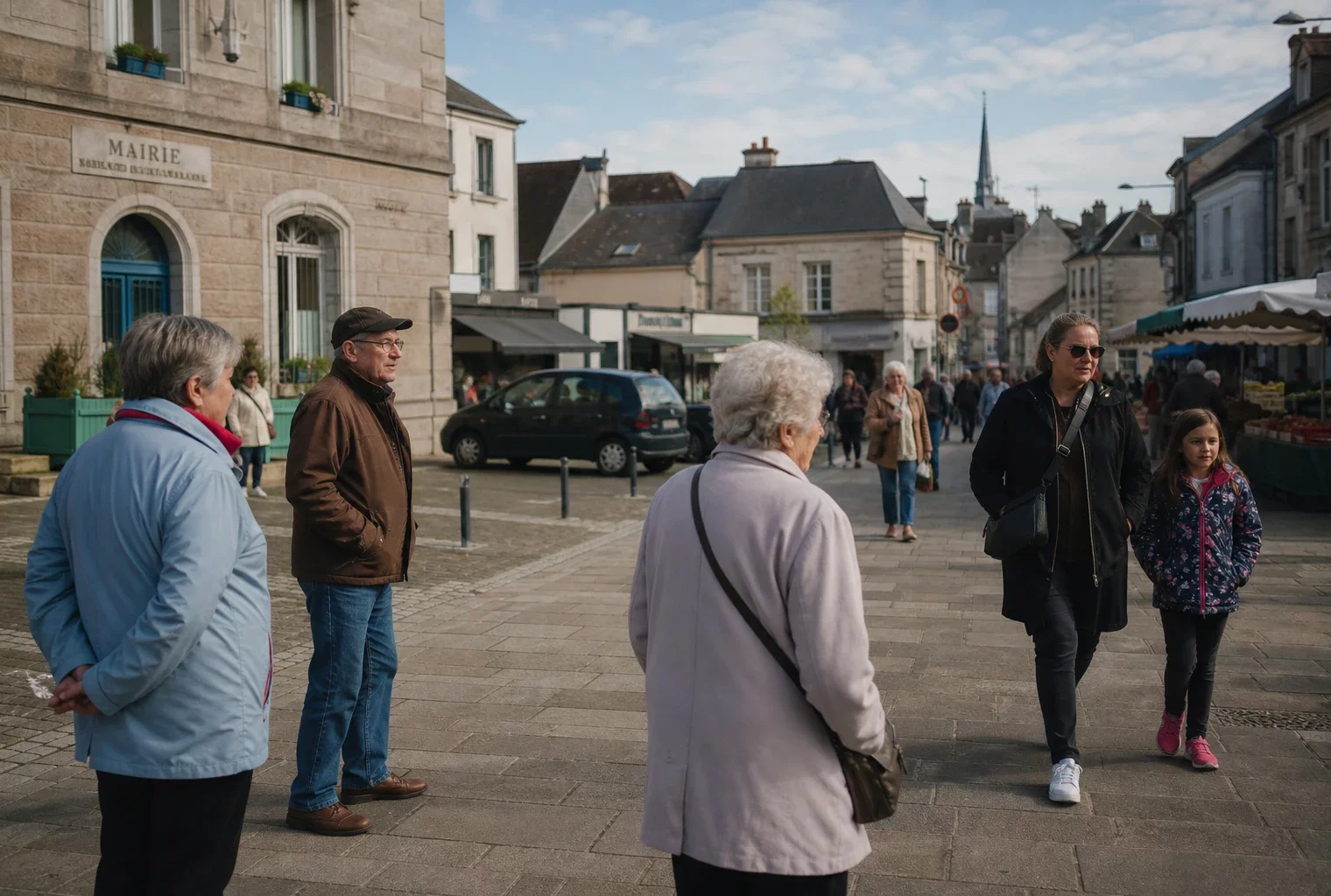 Place de ville française avec mairie et passants anonymes, ambiance calme de reportage urbain.