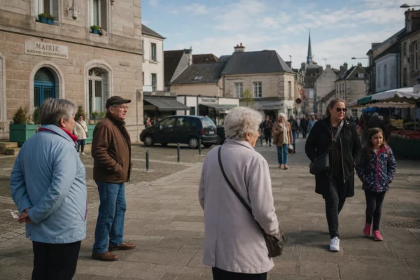 Place de ville française avec mairie et passants anonymes, ambiance calme de reportage urbain.