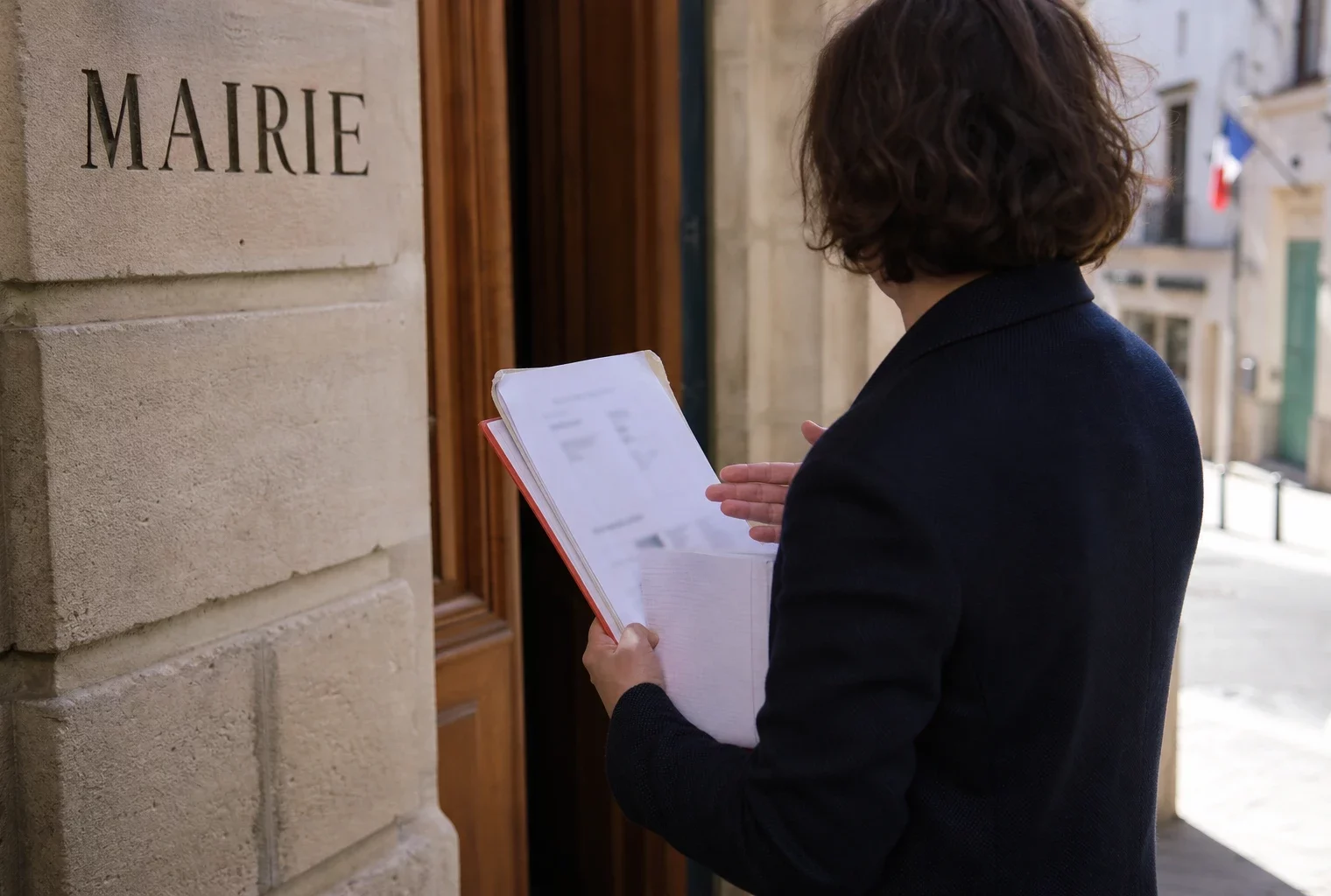 Collaborateur municipal de dos tenant un dossier devant la mairie, dans une rue française calme