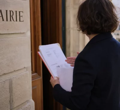 Collaborateur municipal de dos tenant un dossier devant la mairie, dans une rue française calme