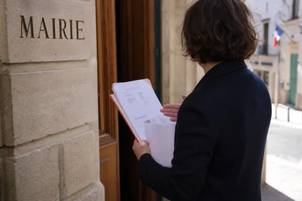 Collaborateur municipal de dos tenant un dossier devant la mairie, dans une rue française calme
