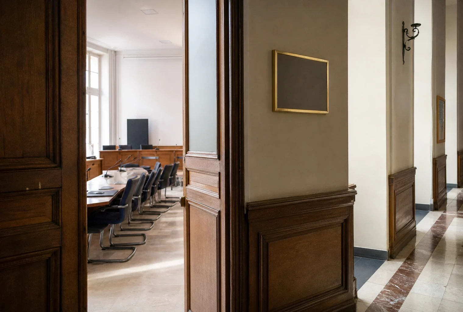 Couloir clair menant à une salle d’audition institutionnelle vide, avec porte entrouverte et micros sur table.