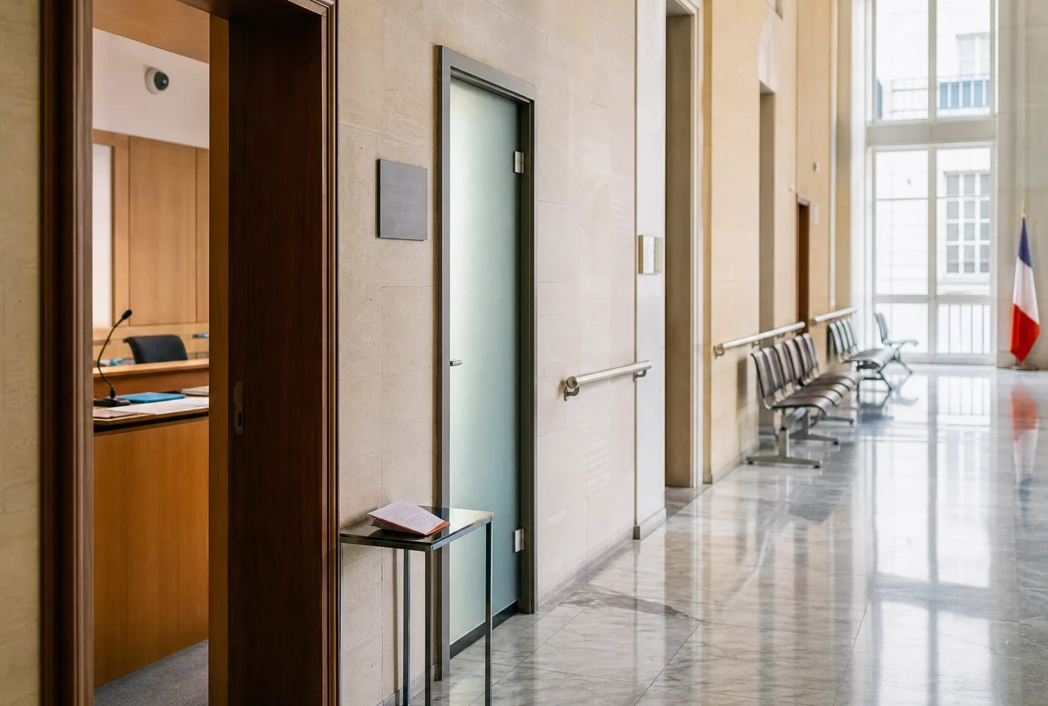 Couloir clair d’un bâtiment institutionnel français avec porte d’audition et lumière naturelle
