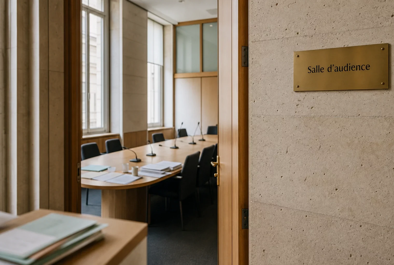 Couloir clair d’une institution française avec salle d’audition vide et table de réunion sobre.