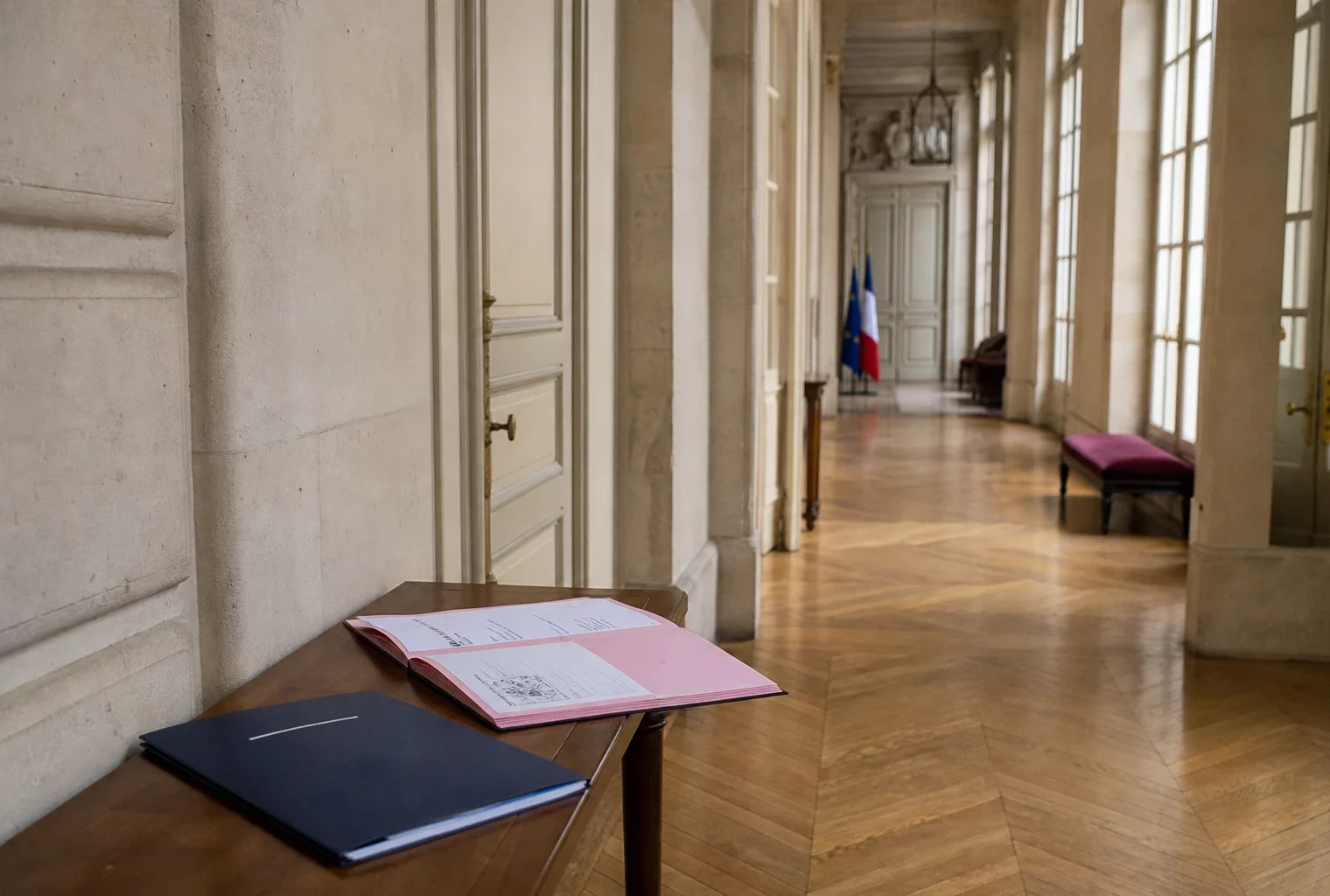 Couloir lumineux d’un bâtiment gouvernemental français avec dossier flou et ambiance institutionnelle calme.