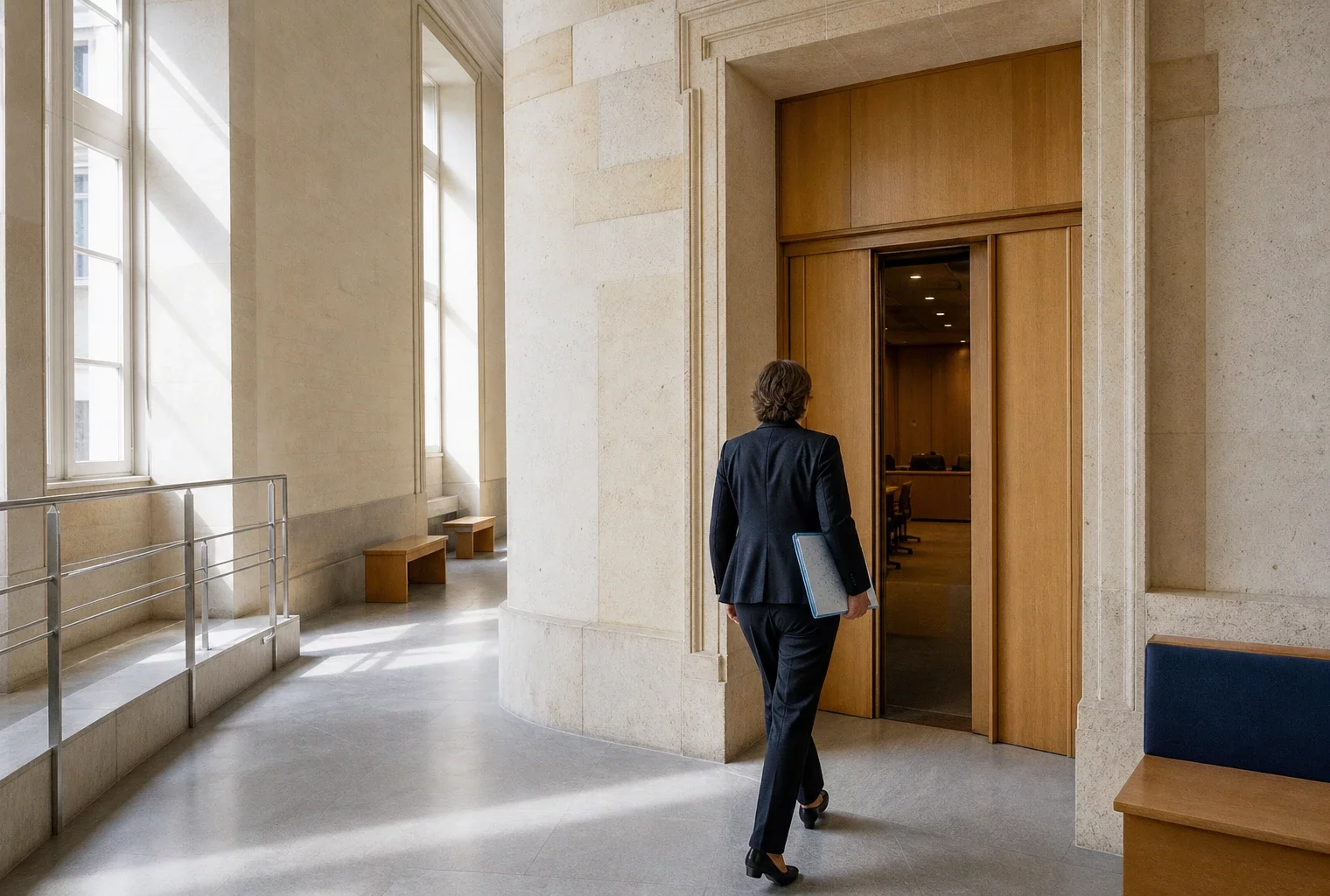 Couloir lumineux d’une institution française illustrant les enjeux de dette publique et de taux d’emprunt