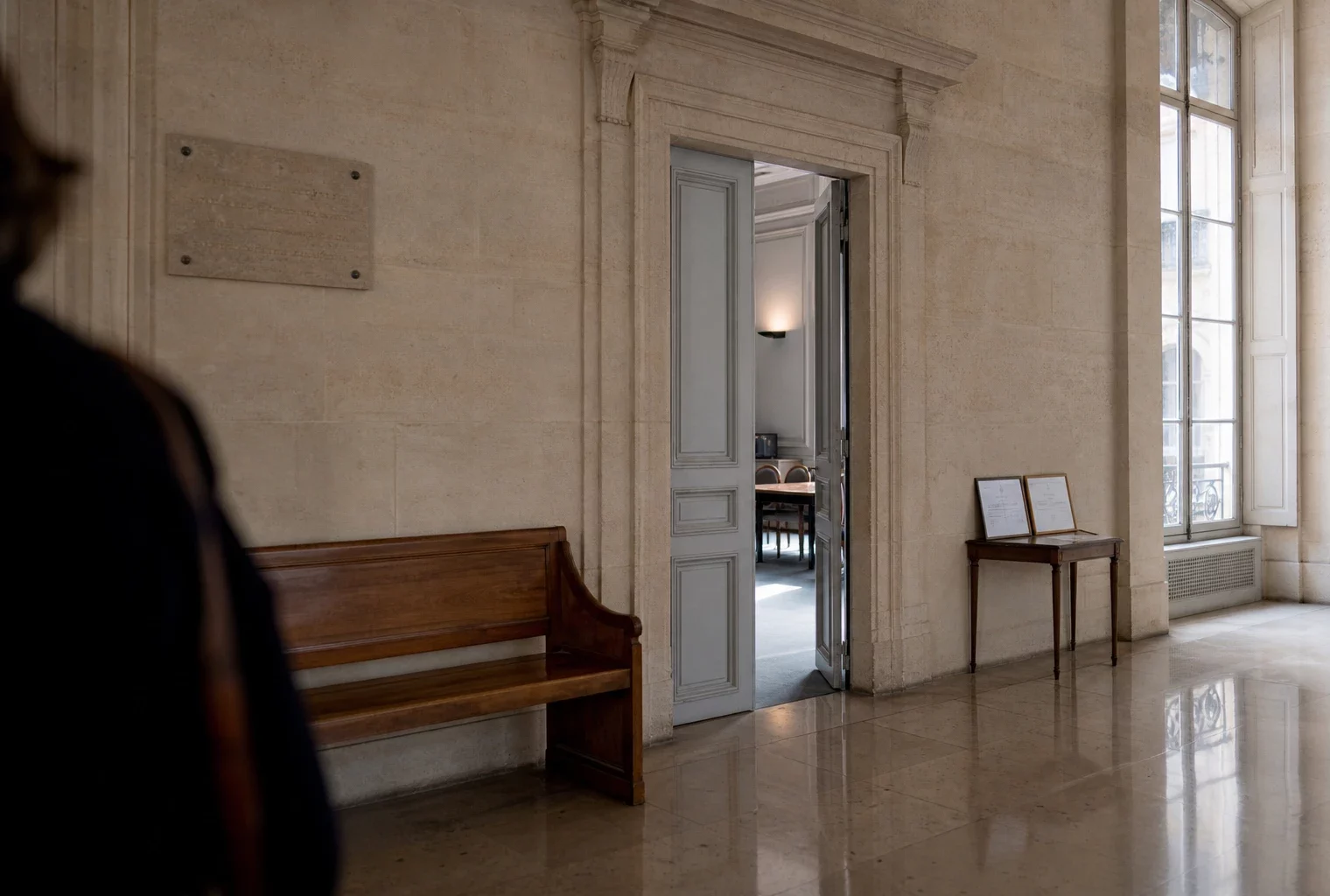 Couloir lumineux d’une institution française, porte entrouverte et salle d’audition visible au fond.