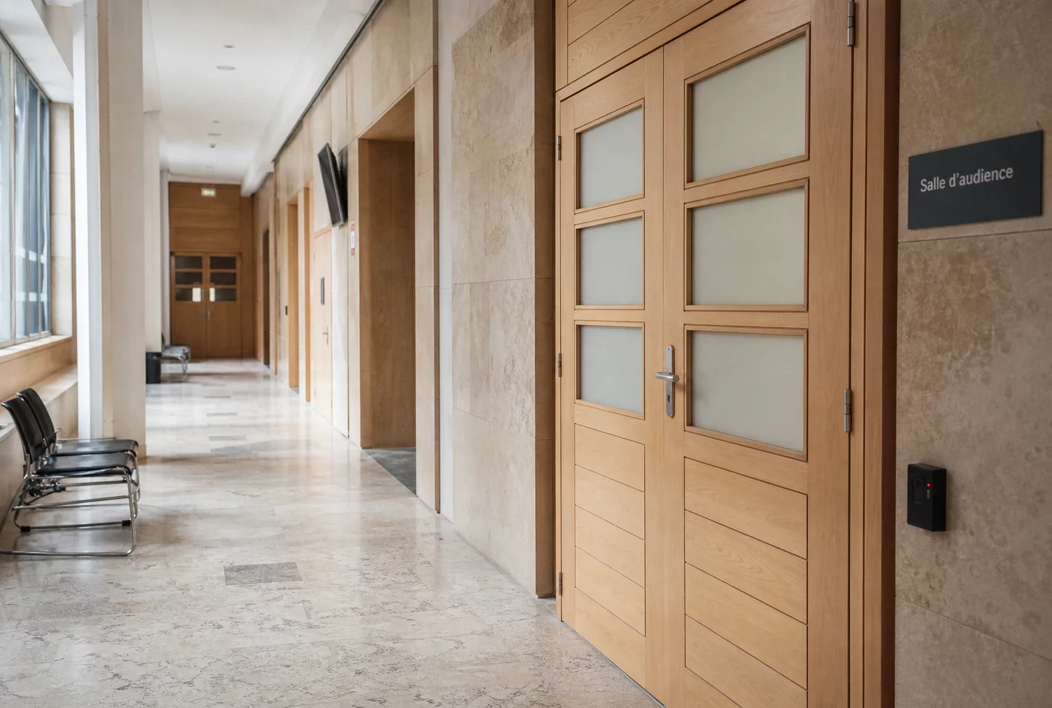 Couloir clair d’un bâtiment public parisien, porte fermée et salle d’audition discrète, ambiance institutionnelle neutre.