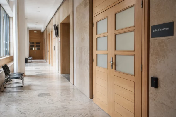 Couloir clair d’un bâtiment public parisien, porte fermée et salle d’audition discrète, ambiance institutionnelle neutre.
