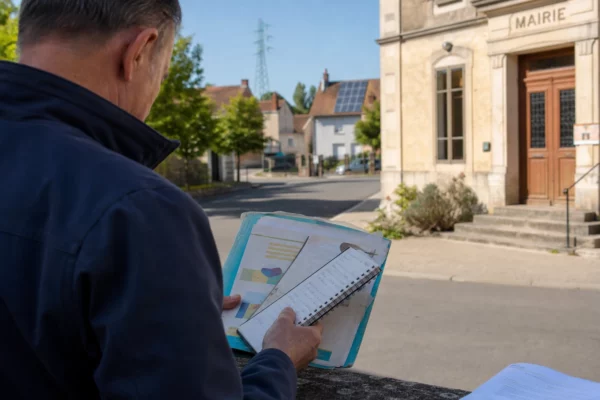 Élu local consultant un dossier énergétique devant une mairie française, dans une lumière naturelle et chaleureuse