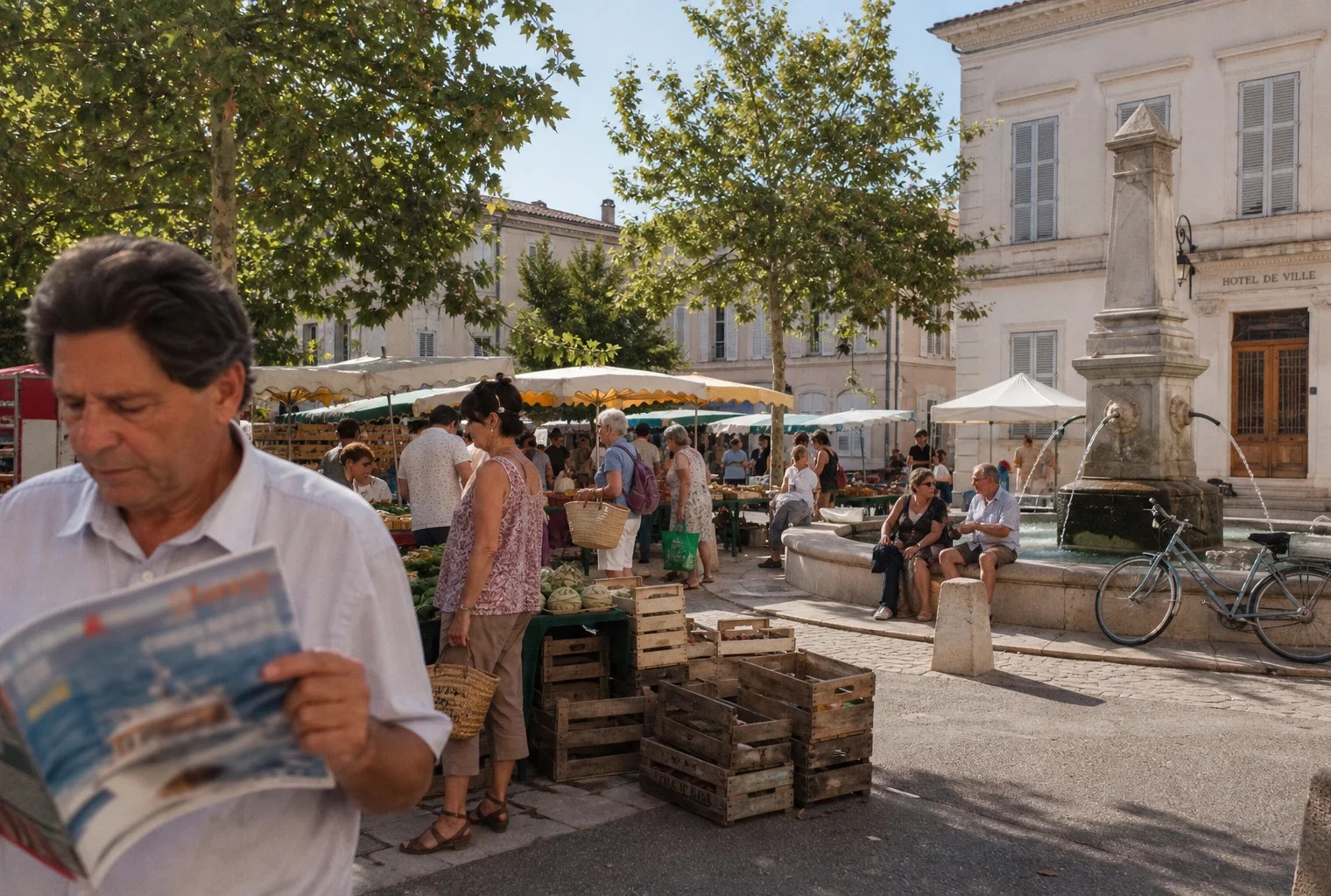 Marché d’une ville française sous la chaleur, avec un habitant tenant un magazine aux textes flous