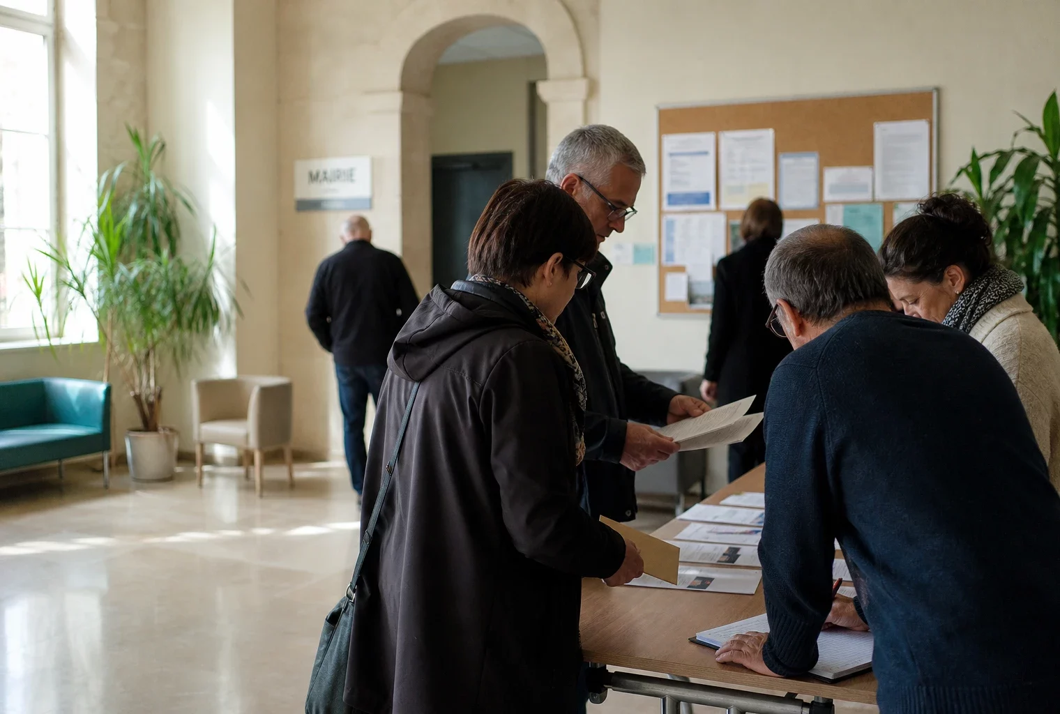 Citoyens anonymes discutant dans une mairie française autour de documents électoraux avant la présidentielle de 2027