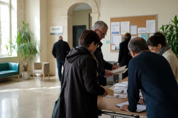 Citoyens anonymes discutant dans une mairie française autour de documents électoraux avant la présidentielle de 2027