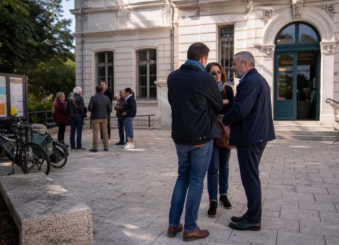 Citoyens anonymes échangeant devant une mairie française lors d’un débat local sur une affaire judiciaire