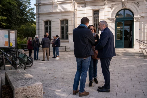 Citoyens anonymes échangeant devant une mairie française lors d’un débat local sur une affaire judiciaire