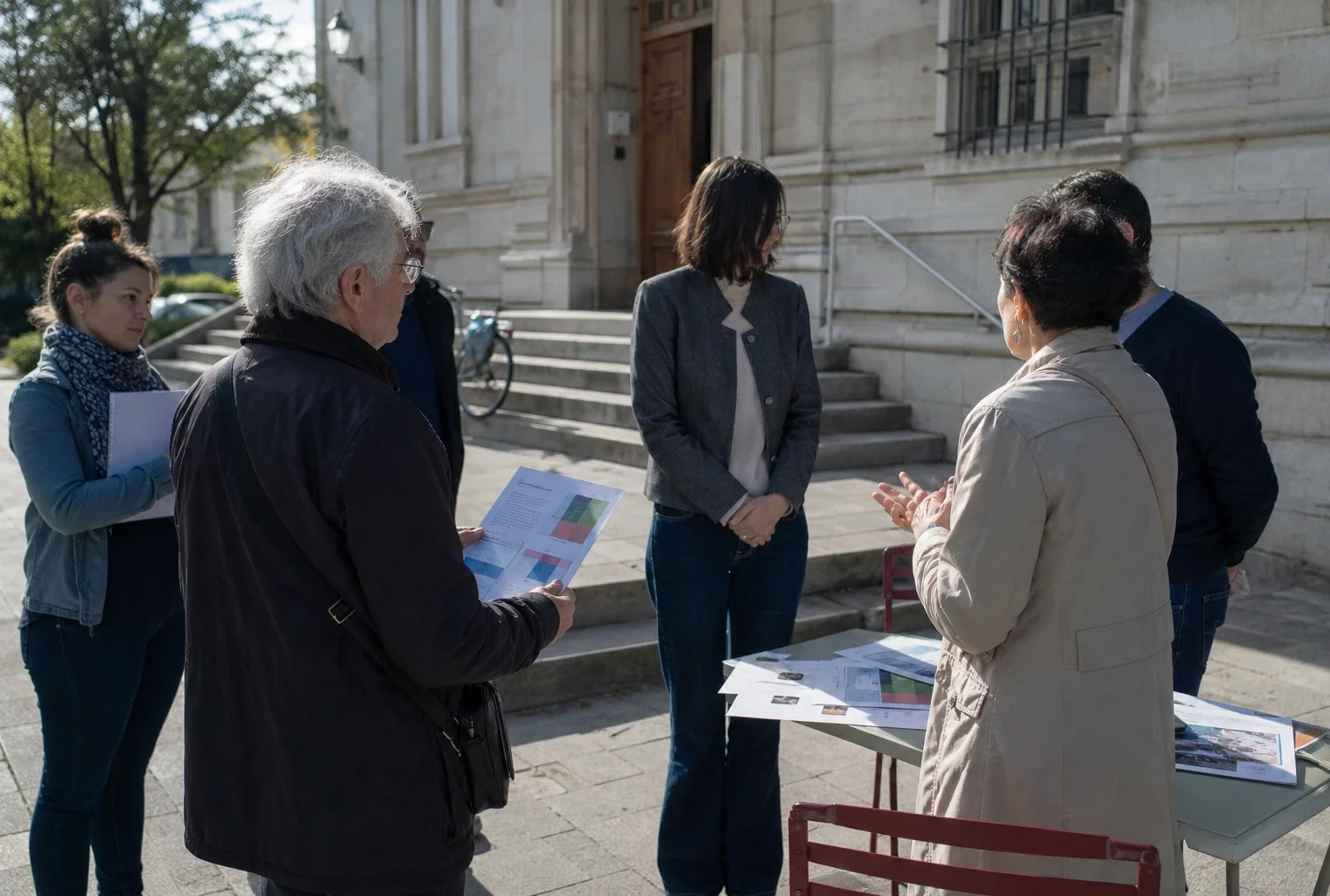 Citoyens anonymes échangeant avec des élus devant une mairie française à Grenoble, dans une scène civique lumineuse