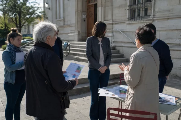 Citoyens anonymes échangeant avec des élus devant une mairie française à Grenoble, dans une scène civique lumineuse