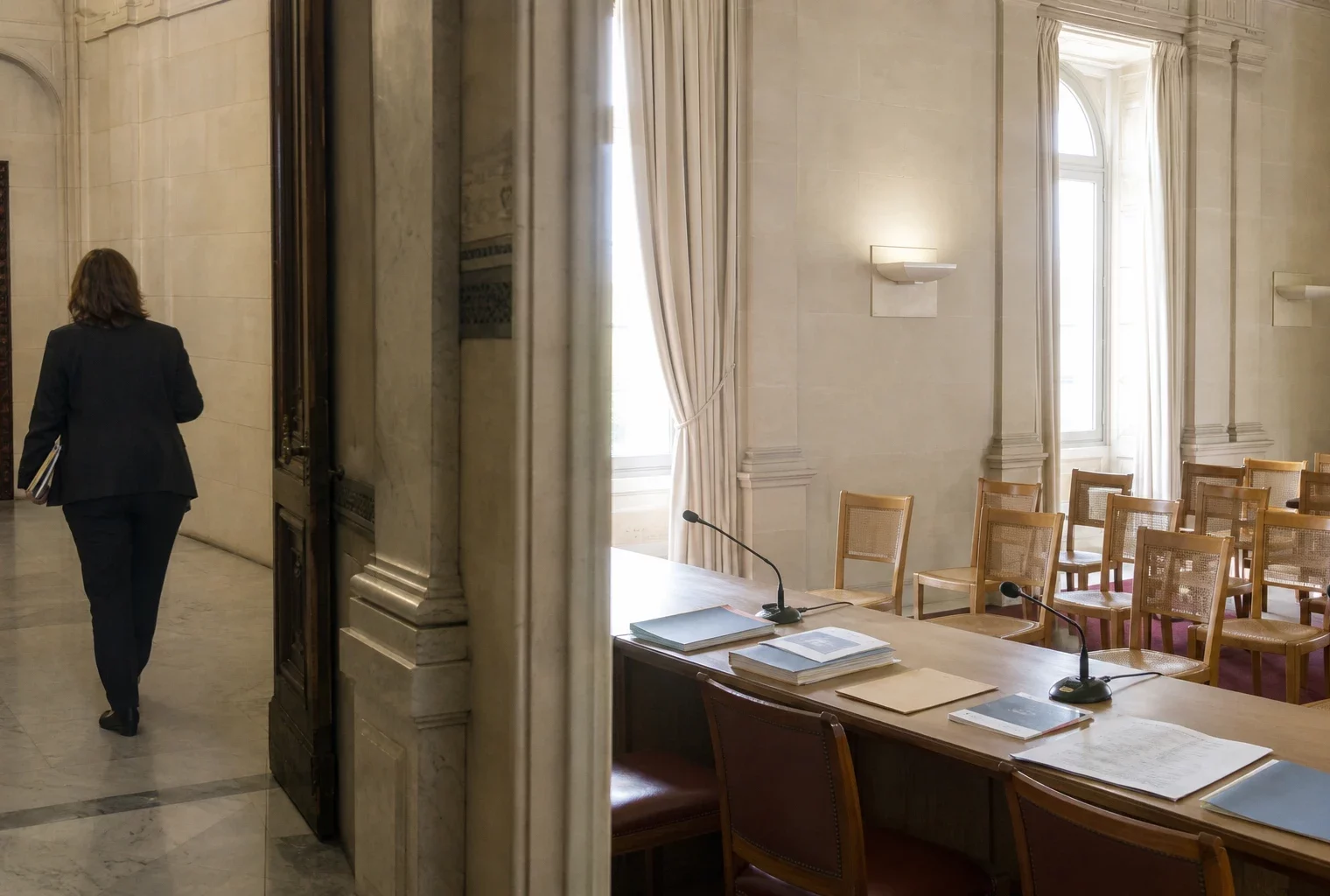 Salle d’audition publique française éclairée par la lumière du jour, avec micros et dossiers évoquant le débat sur la dette