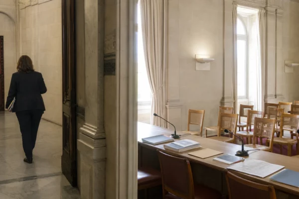 Salle d’audition publique française éclairée par la lumière du jour, avec micros et dossiers évoquant le débat sur la dette