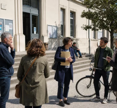 Citoyens anonymes échangeant sur l’écologie devant une mairie française, sous une lumière naturelle et claire