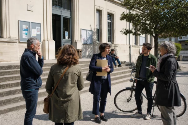 Citoyens anonymes échangeant sur l’écologie devant une mairie française, sous une lumière naturelle et claire