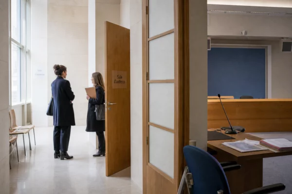 Couloir clair d’un bâtiment institutionnel avec salle d’audition et deux femmes anonymes en discussion