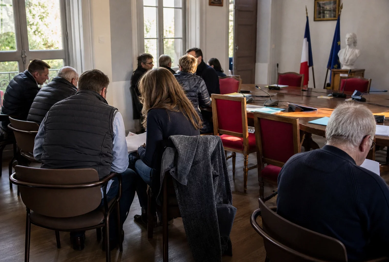 Réunion dans une salle municipale française, avec patrons anonymes, micros, dossiers flous et une chaise vide