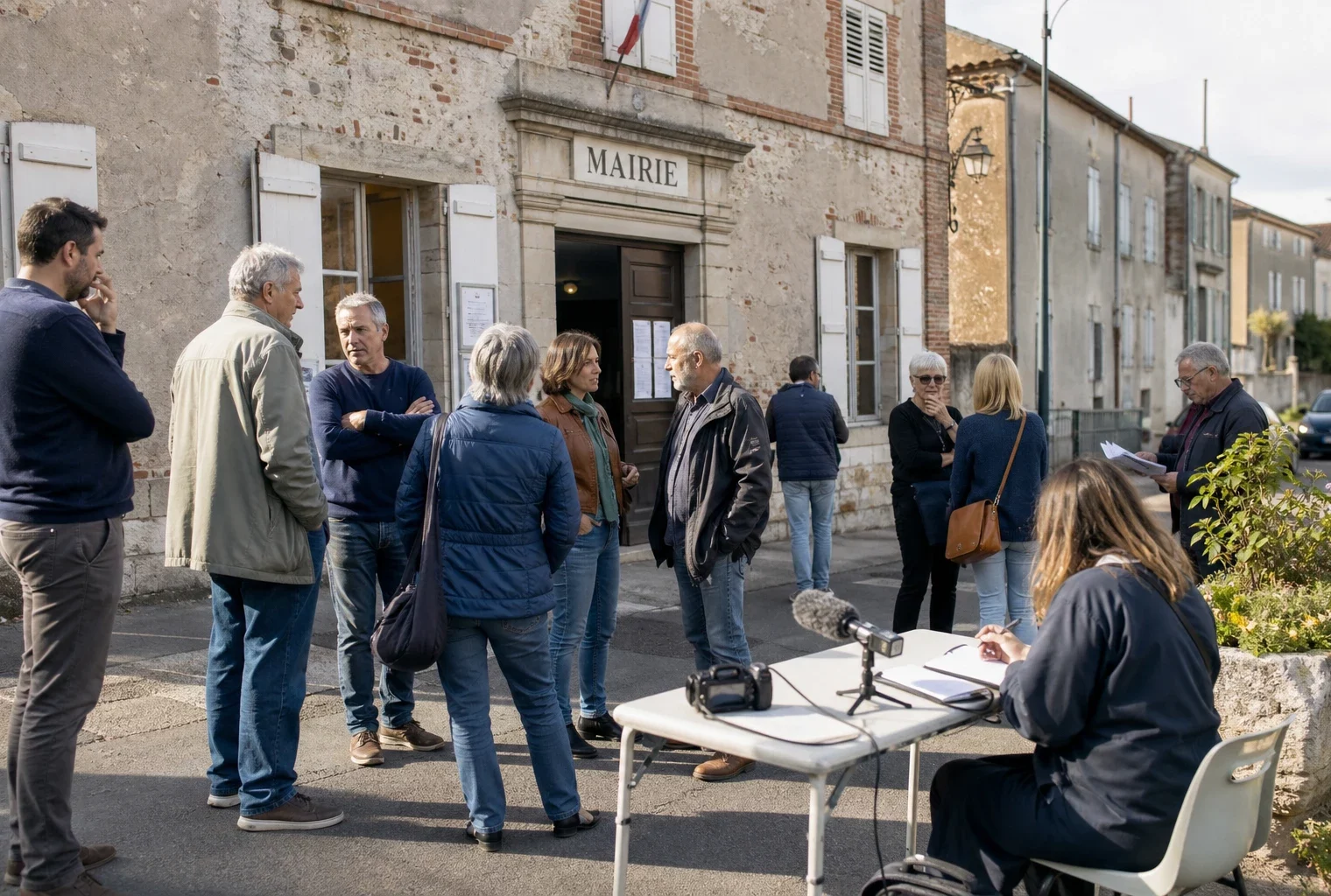 Habitants anonymes réunis devant une mairie française pour un échange politique avec du matériel de presse