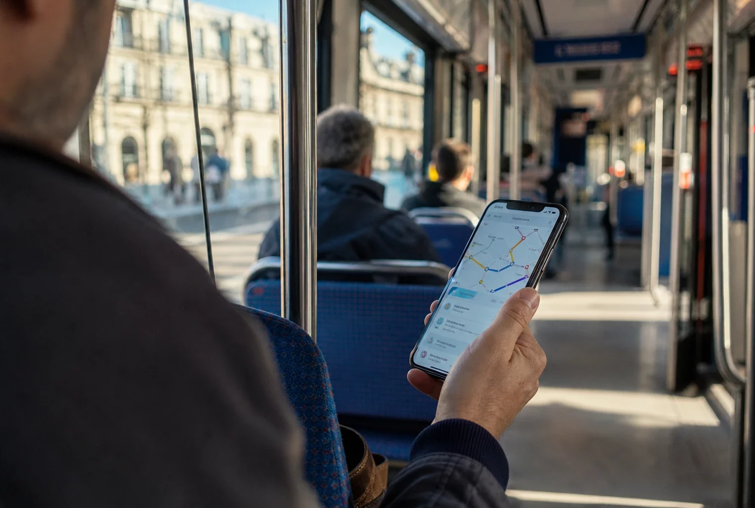 Main tenant un smartphone affichant une application de trajet dans un tramway français, avec des voyageurs flous en arrière-plan