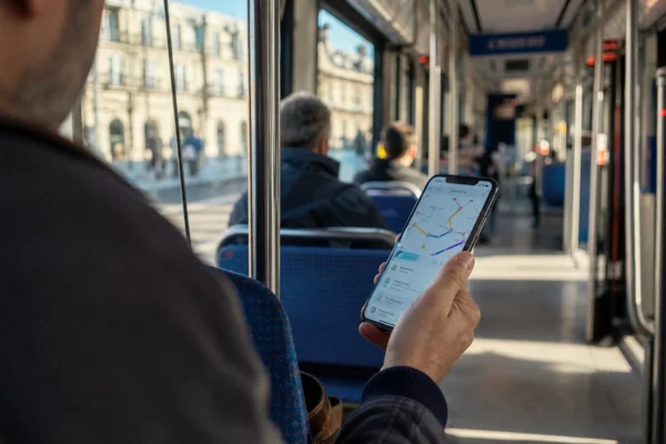 Main tenant un smartphone affichant une application de trajet dans un tramway français, avec des voyageurs flous en arrière-plan