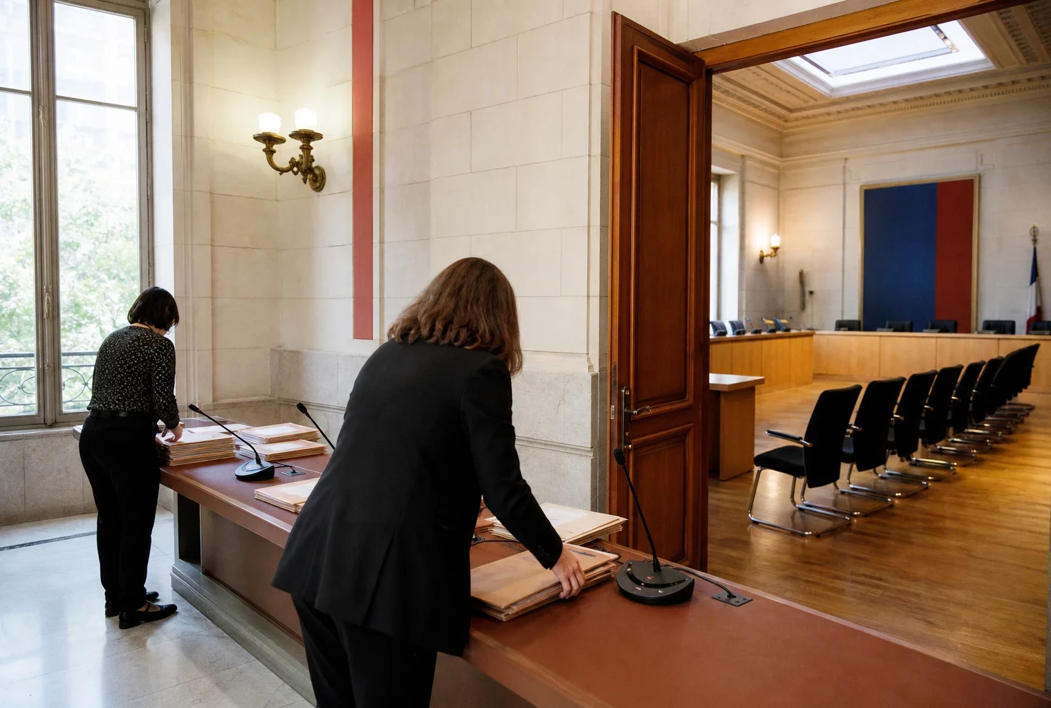 Hall clair d’une institution publique française avec salle d’audition, dossiers et microphones photographiés en lumière naturelle