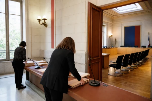 Hall clair d’une institution publique française avec salle d’audition, dossiers et microphones photographiés en lumière naturelle