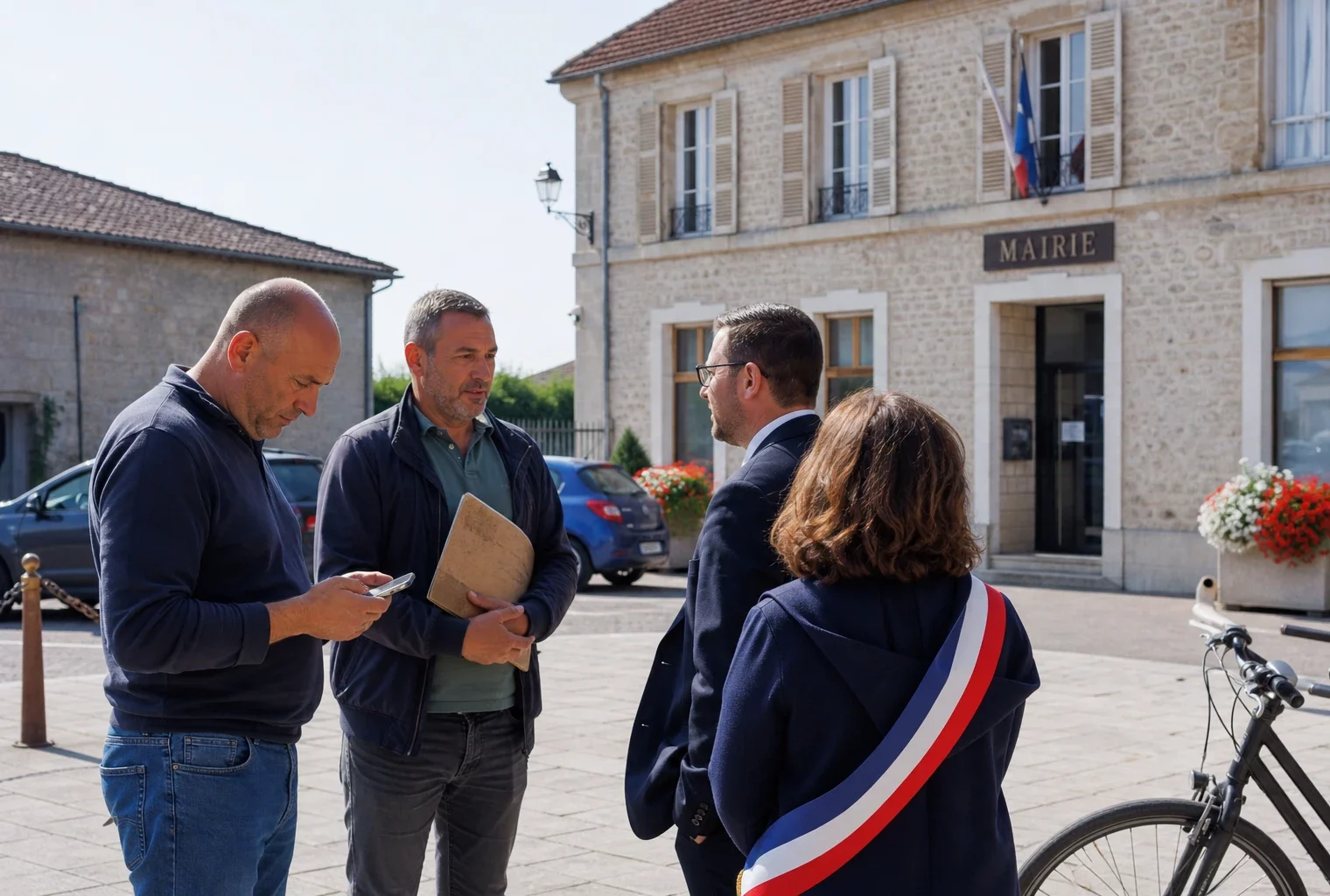 Citoyens anonymes devant une mairie française, évoquant l’impact civil du renforcement de la défense aérienne ukrainienne