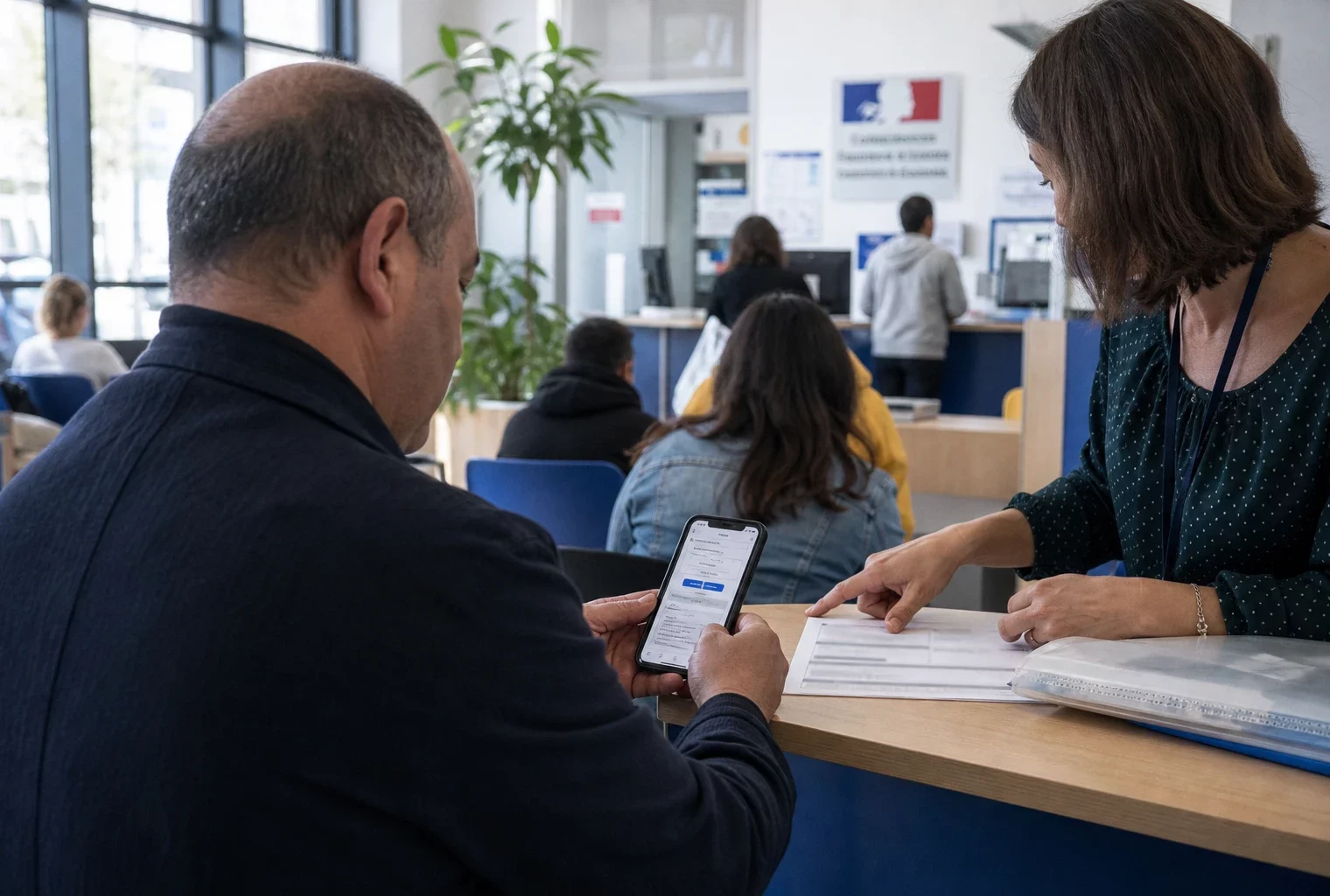 Citoyenne vérifiant son consentement téléphonique à un comptoir de service public français