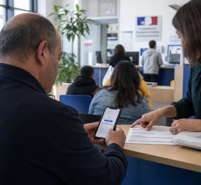 Citoyenne vérifiant son consentement téléphonique à un comptoir de service public français