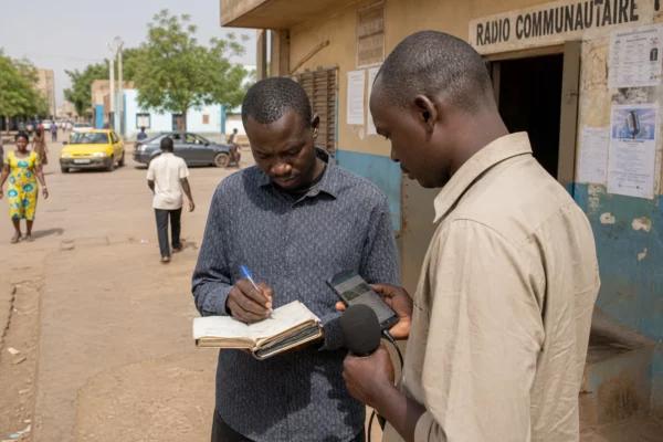 Journalistes d’une radio communautaire au Sahel vérifiant des informations numériques dans une rue ordinaire
