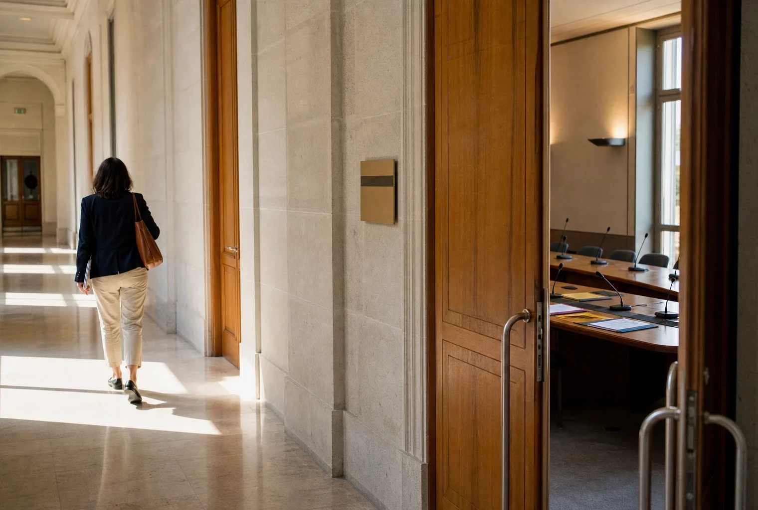 Hall institutionnel français menant vers une salle d’audition, avec micros et dossiers liés au débat sur la dette de la BCE
