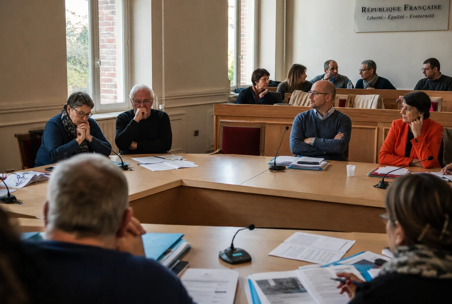 Salle municipale française avec élus anonymes, micros et une chaise vide évoquant les divisions de la gauche