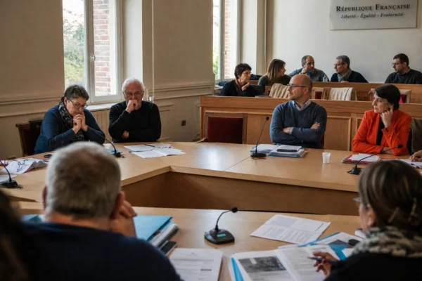 Salle municipale française avec élus anonymes, micros et une chaise vide évoquant les divisions de la gauche