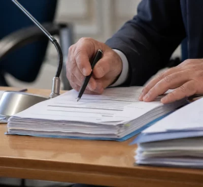 Mains anonymes examinant un dossier flou près d’un micro lors d’une audition publique à Rennes
