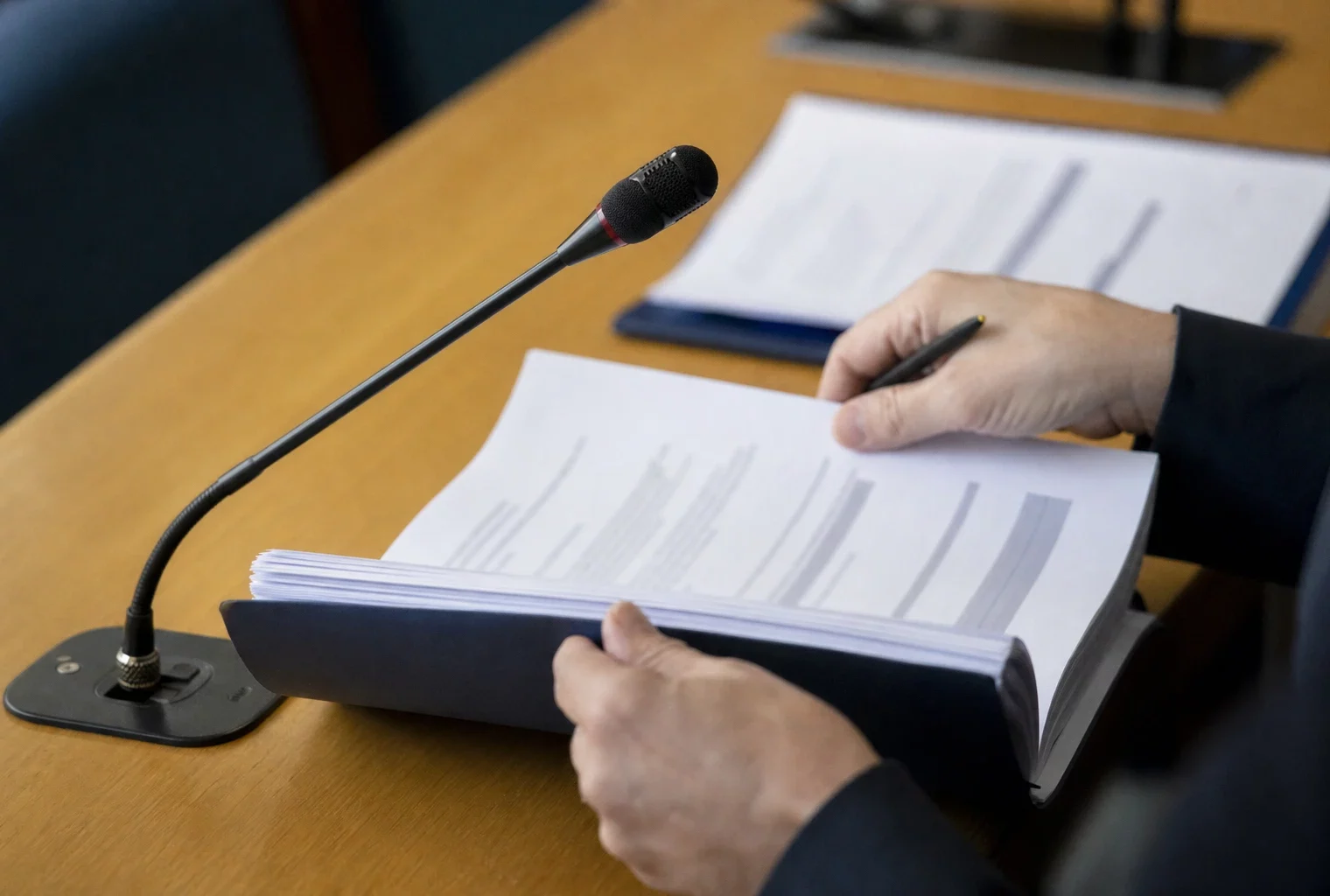 Mains anonymes examinant un dossier lors d’une audition parlementaire, avec un micro de commission et des documents flous