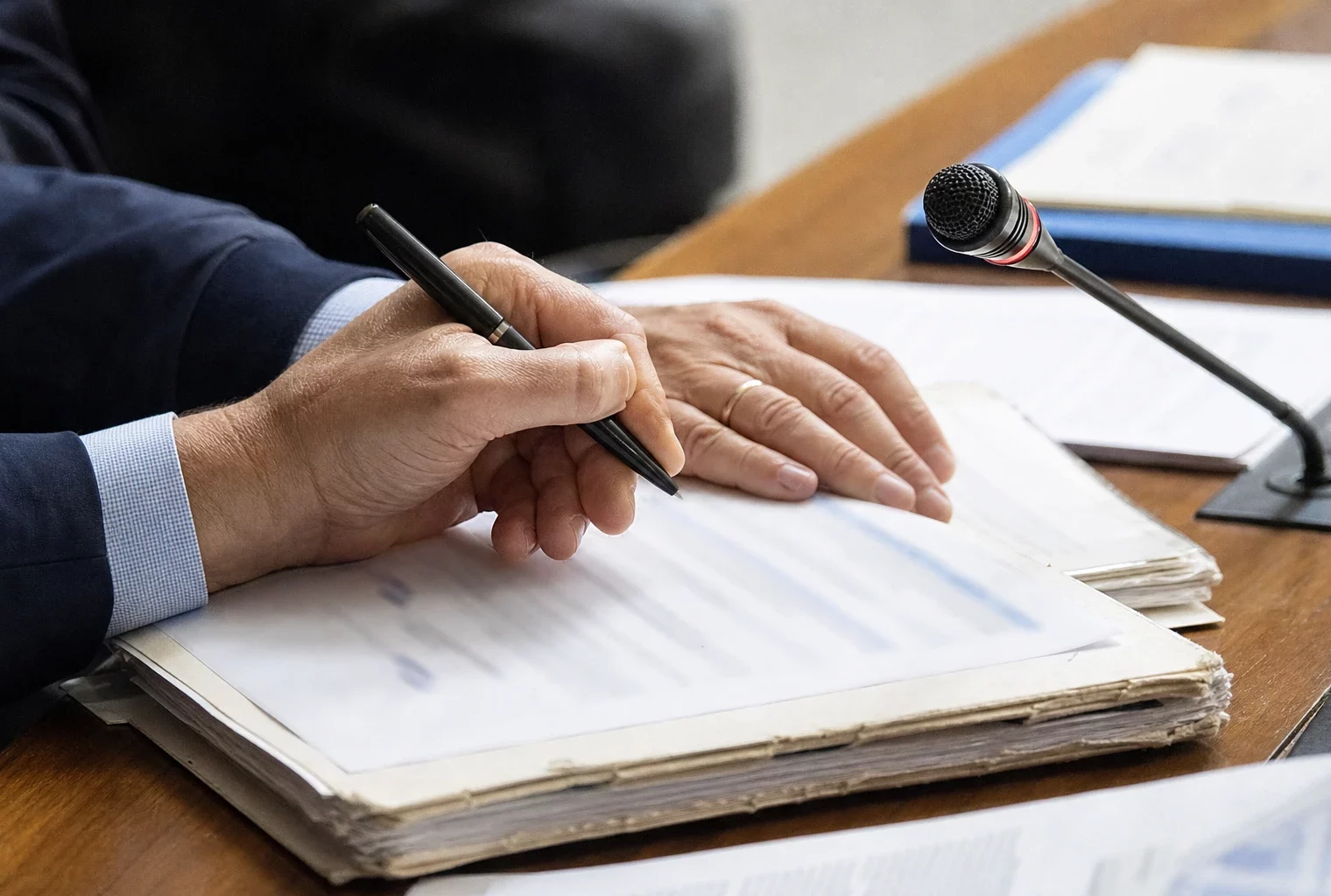 Mains anonymes sur un dossier flou près d’un micro de commission, pour illustrer le débat sur le voile