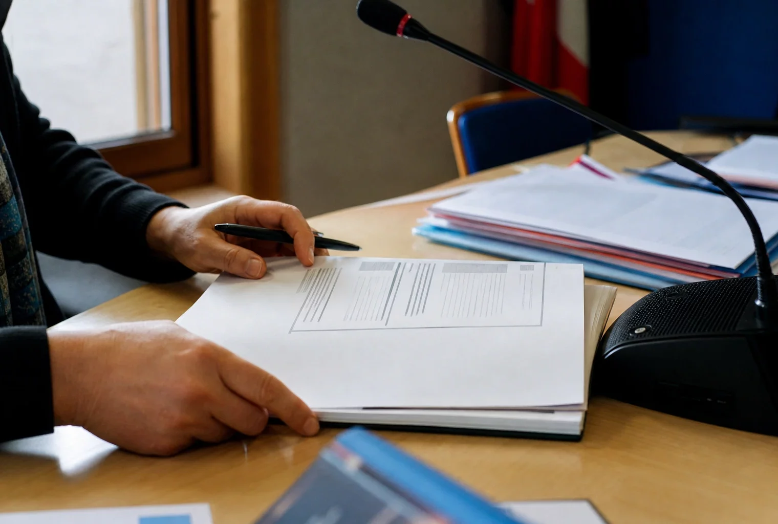 Mains anonymes examinant un dossier de recrutement près d’un micro dans une mairie française