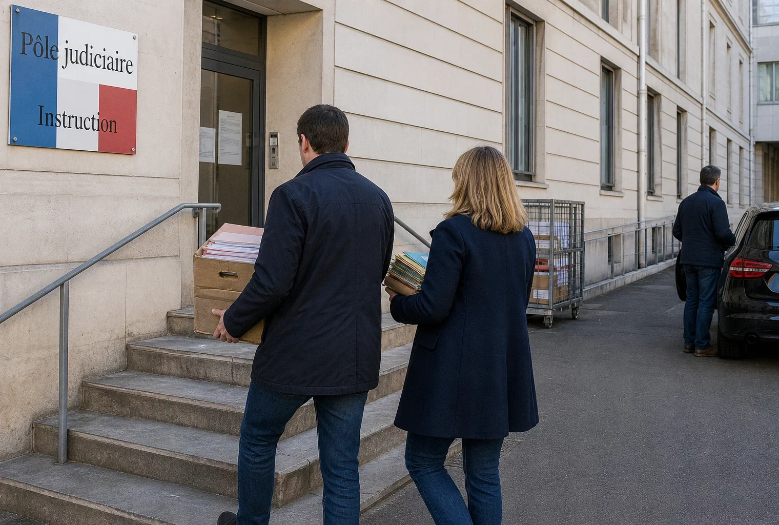 Des enquêteurs anonymes transportent des dossiers devant un bâtiment judiciaire français, dans une scène calme et réaliste.
