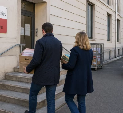 Des enquêteurs anonymes transportent des dossiers devant un bâtiment judiciaire français, dans une scène calme et réaliste.