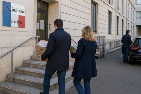 Des enquêteurs anonymes transportent des dossiers devant un bâtiment judiciaire français, dans une scène calme et réaliste.