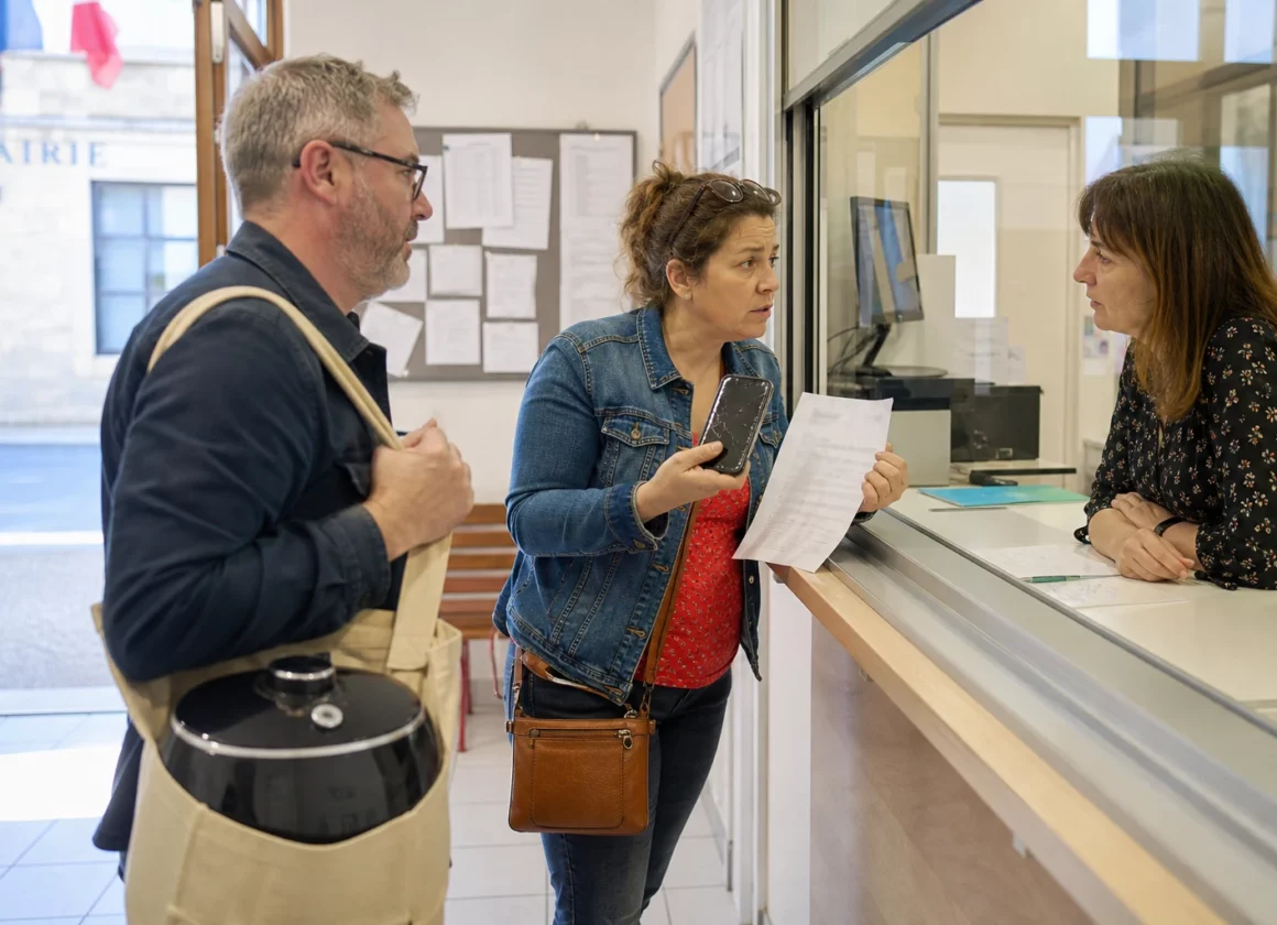 Des citoyens échangent avec un agent municipal dans une mairie française, autour d’un smartphone cassé et d’un service de réparation.