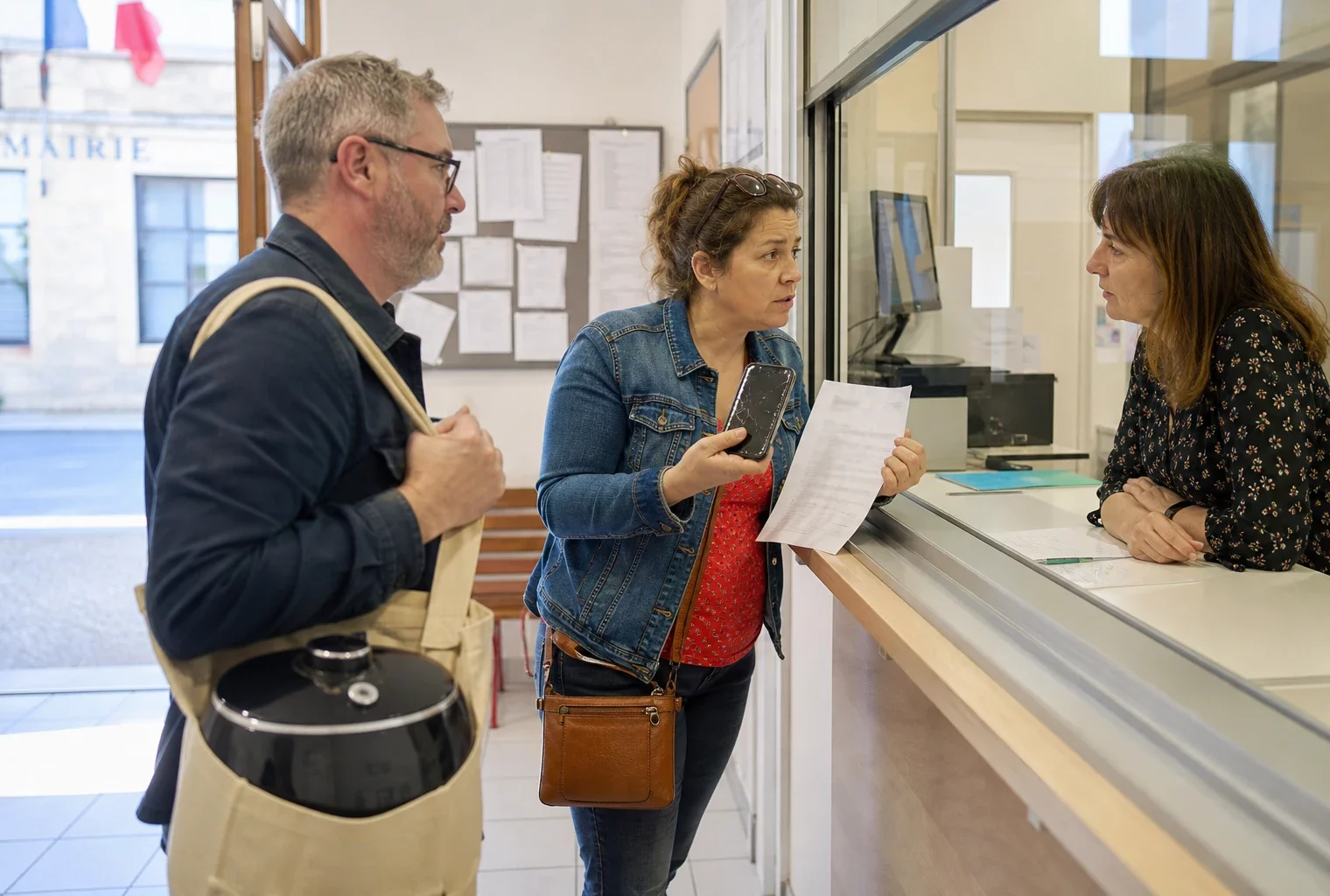 Des citoyens échangent avec un agent municipal dans une mairie française, autour d’un smartphone cassé et d’un service de réparation.