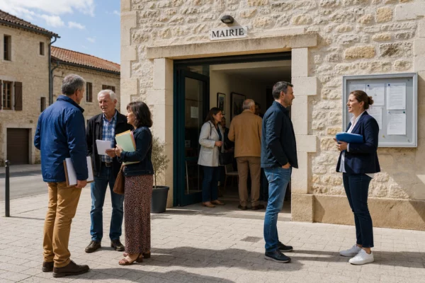 Citoyens anonymes échangeant devant une mairie française sur l’unité de la droite avant la présidentielle de 2027