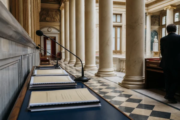 Salle parlementaire française en marbre, avec micros et dossiers, illustrant le débat Attal-Barnier sur la fiscalité